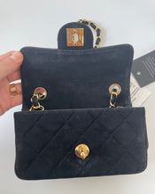 Load image into Gallery viewer, chanel, Chanel mini, Chanel black bag, Small chanel handbag, preloved chanel, Classic mini flap bag, rectangular mini flap bag, mini flap bag in suede, black mini flap bag, chanel suede bag, chanel mini flap bag, Chanel sale, Preloved chanel, preluxe