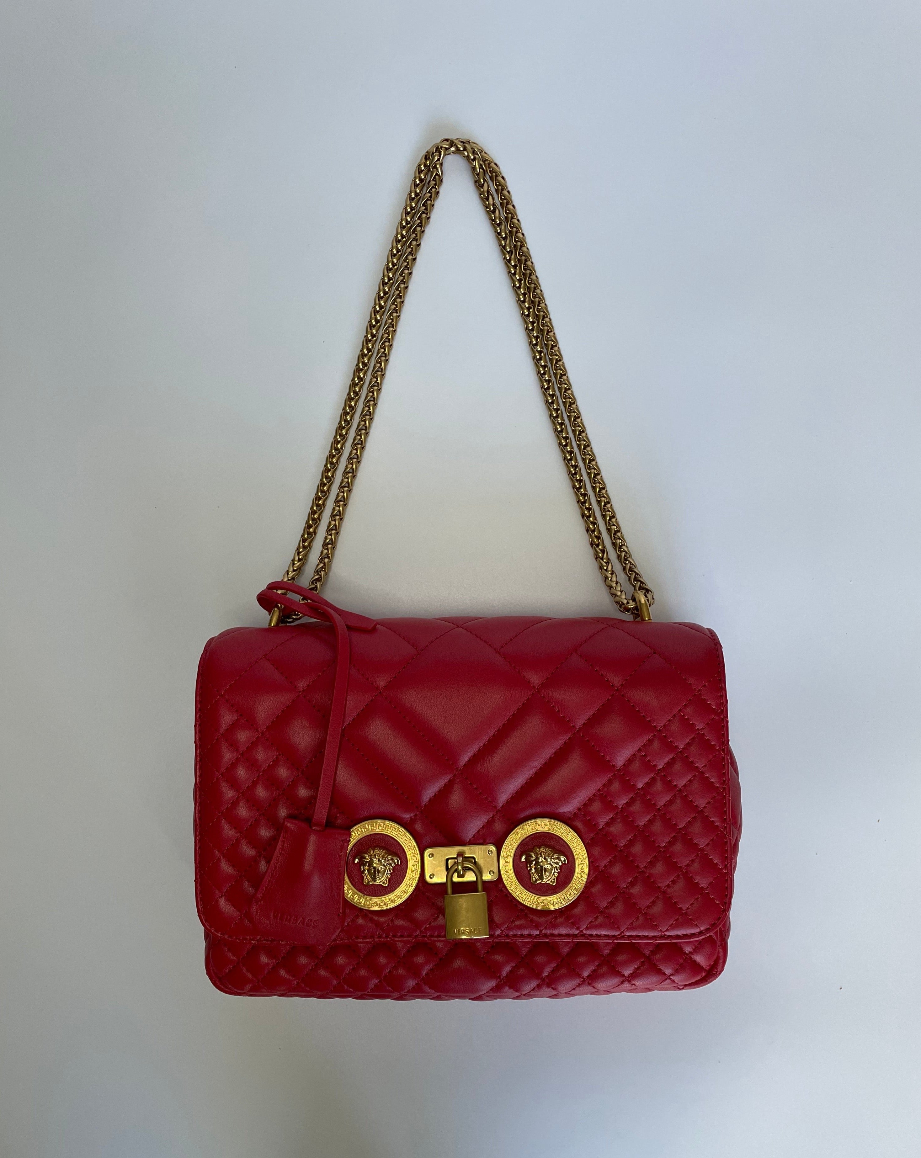 new VERSACE Icon Small red quilted velvet dual Medusa gold chain flap bag