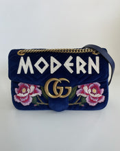 Load image into Gallery viewer, Gucci medium marmont velvet blue shoulder bag, modern, gucci modern bag