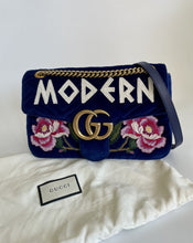 Load image into Gallery viewer, Gucci medium marmont velvet blue shoulder bag, modern, gucci modern bag