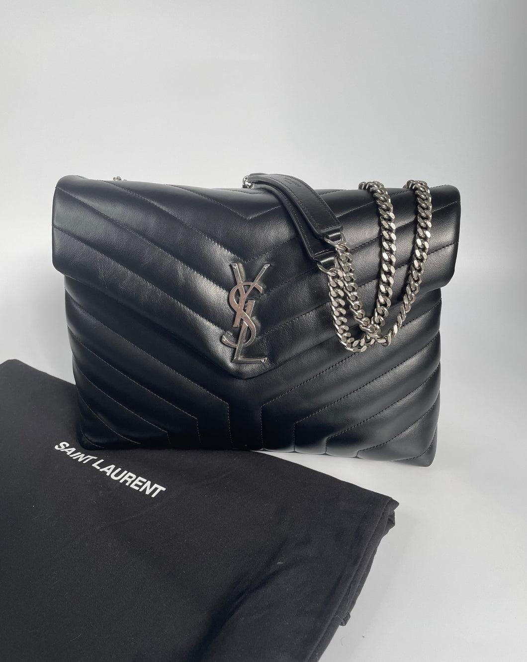YSL Saint Laurent Small Loulou Chain Leather Shoulder Bag Black and Silver