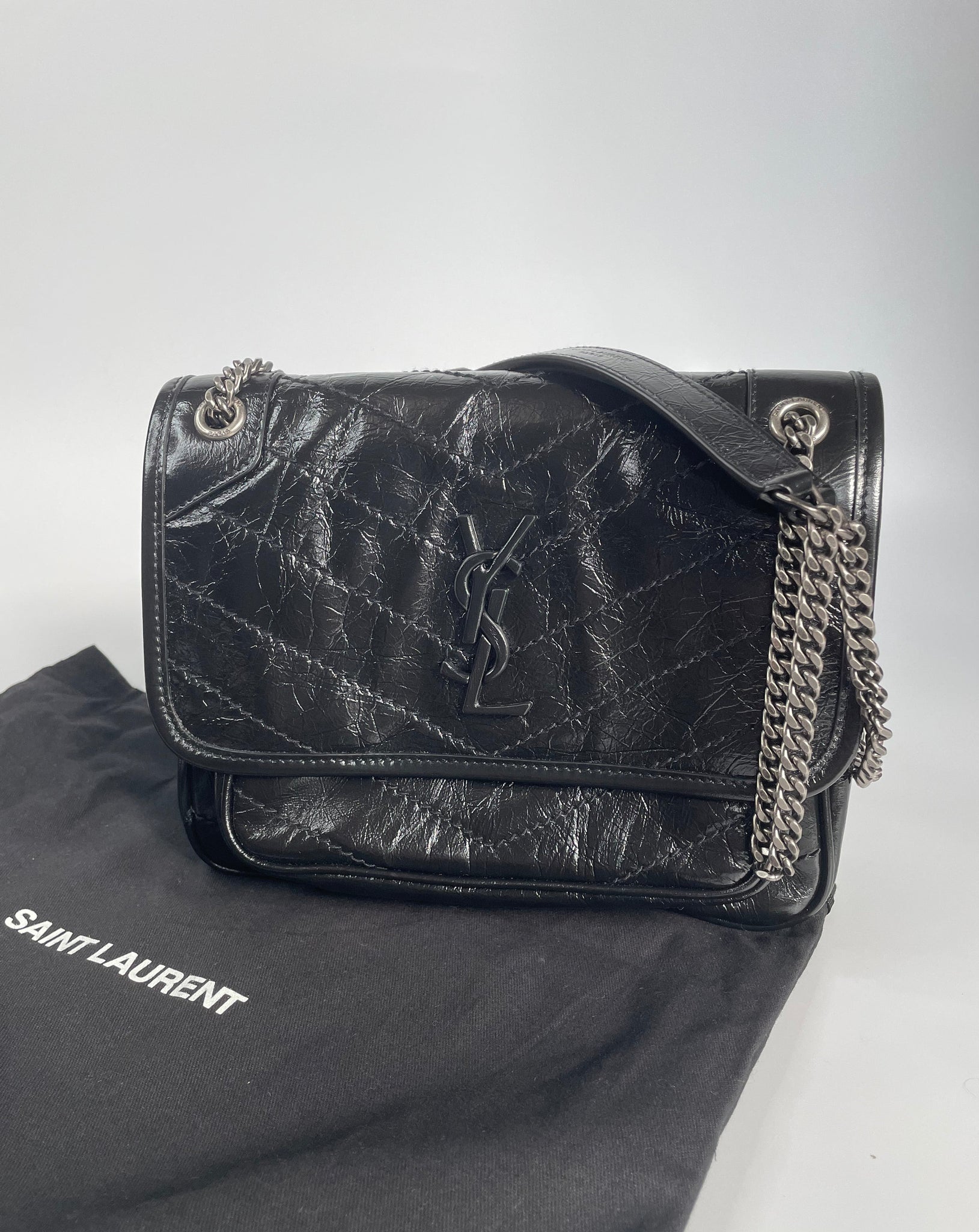 YSL Saint Laurent Niki Baby Leather Shoulder Bag Black Logo