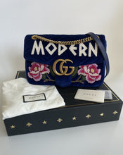 Load image into Gallery viewer, Gucci medium marmont velvet blue shoulder bag, modern, gucci modern bag
